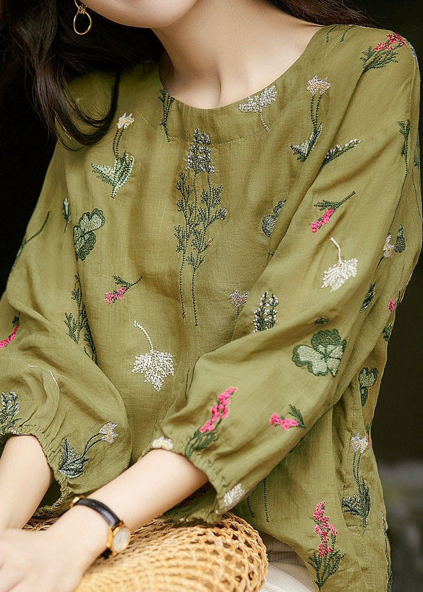 Chic Green O-Neck Embroideried Patchwork Cotton Tops Summer LY0073 - fabuloryshop