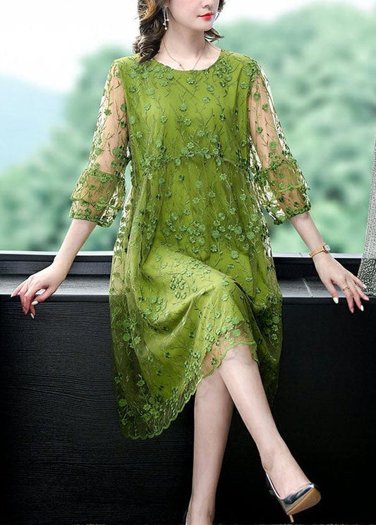 Chic Green O Neck Embroideried Patchwork Tulle Mid Dress Summer LY5962 Ada Fashion