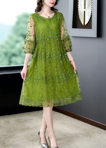 Chic Green O Neck Embroideried Patchwork Tulle Mid Dress Summer LY5962 Ada Fashion