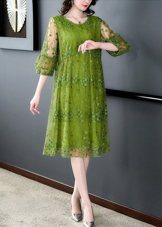 Chic Green O Neck Embroideried Patchwork Tulle Mid Dress Summer LY5962 Ada Fashion