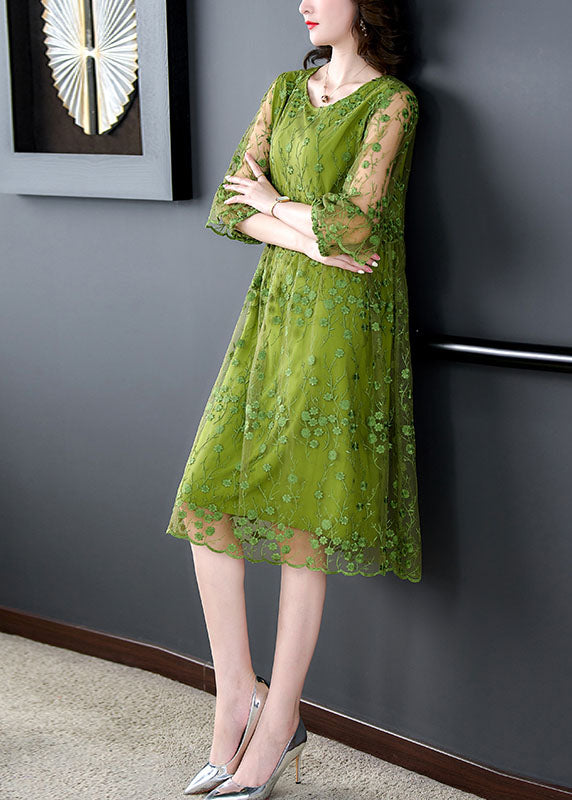 Chic Green O Neck Embroideried Patchwork Tulle Mid Dress Summer LY5962 Ada Fashion