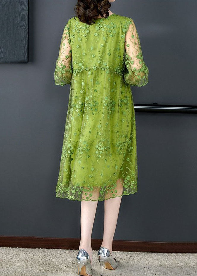 Chic Green O Neck Embroideried Patchwork Tulle Mid Dress Summer LY5962 Ada Fashion