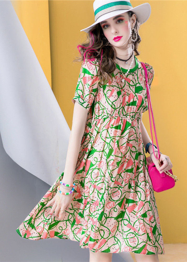 Chic Green O Neck Print Patchwork Silk A Line Dresses Summer LC0255 - fabuloryshop