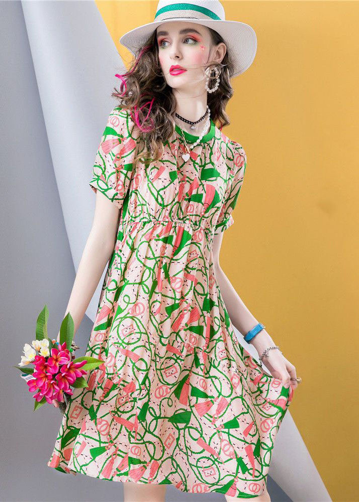 Chic Green O Neck Print Patchwork Silk A Line Dresses Summer LC0255 - fabuloryshop