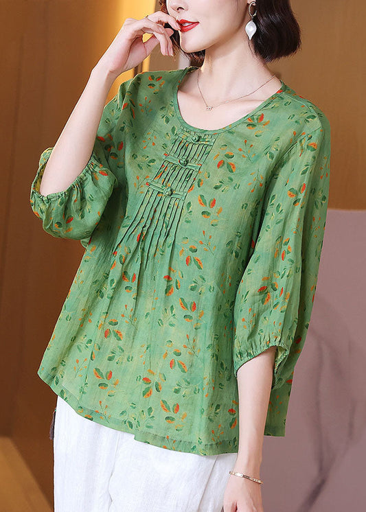 Chic Green O Neck Print Wrinkled Patchwork Linen T Shirt Tops Summer TP1044 - fabuloryshop