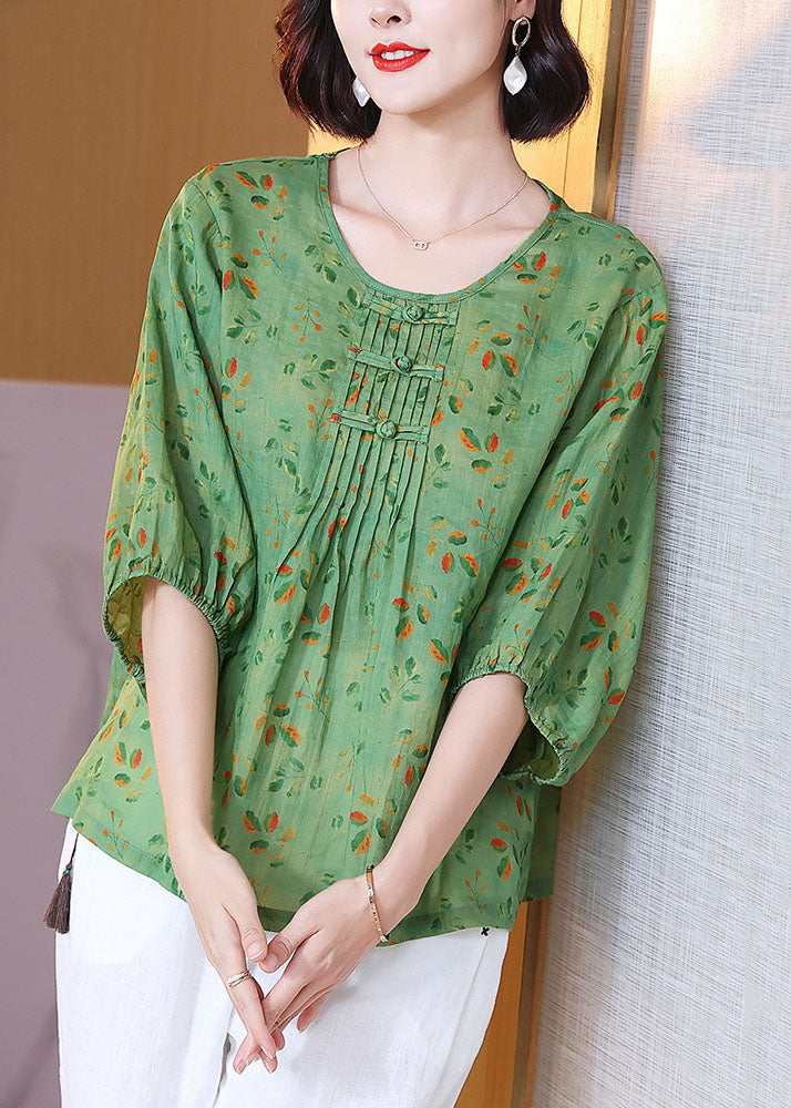 Chic Green O Neck Print Wrinkled Patchwork Linen T Shirt Tops Summer TP1044