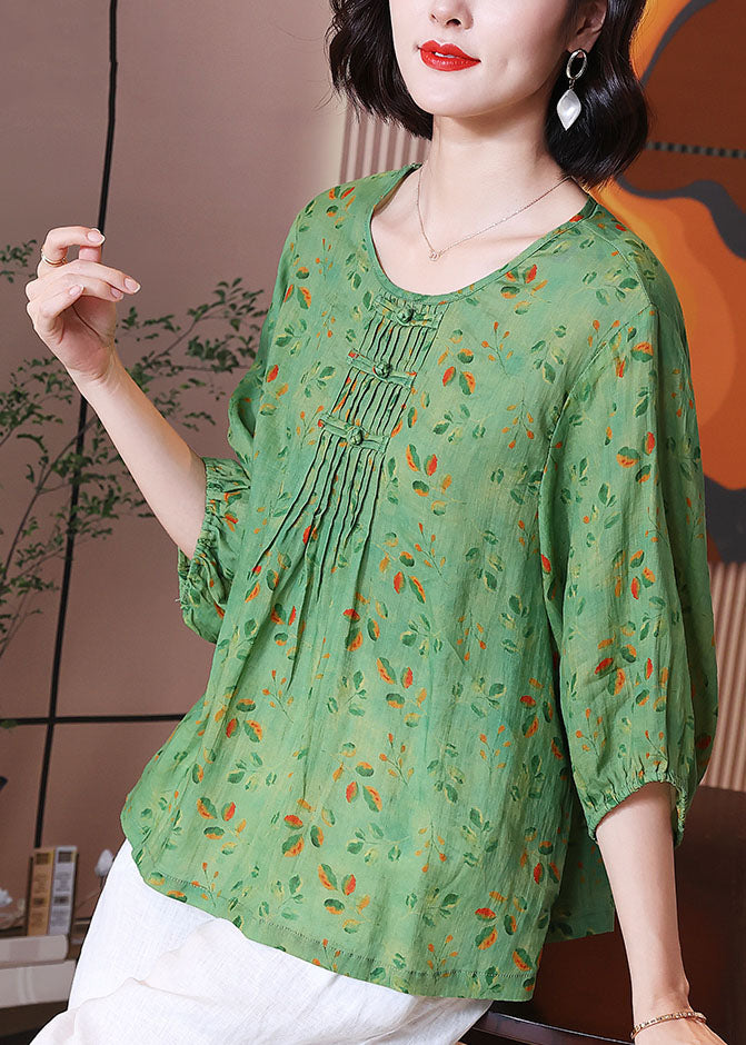 Chic Green O Neck Print Wrinkled Patchwork Linen T Shirt Tops Summer TP1044