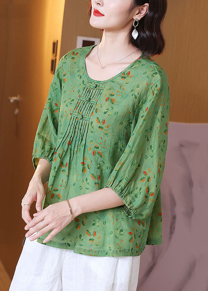 Chic Green O Neck Print Wrinkled Patchwork Linen T Shirt Tops Summer TP1044 - fabuloryshop