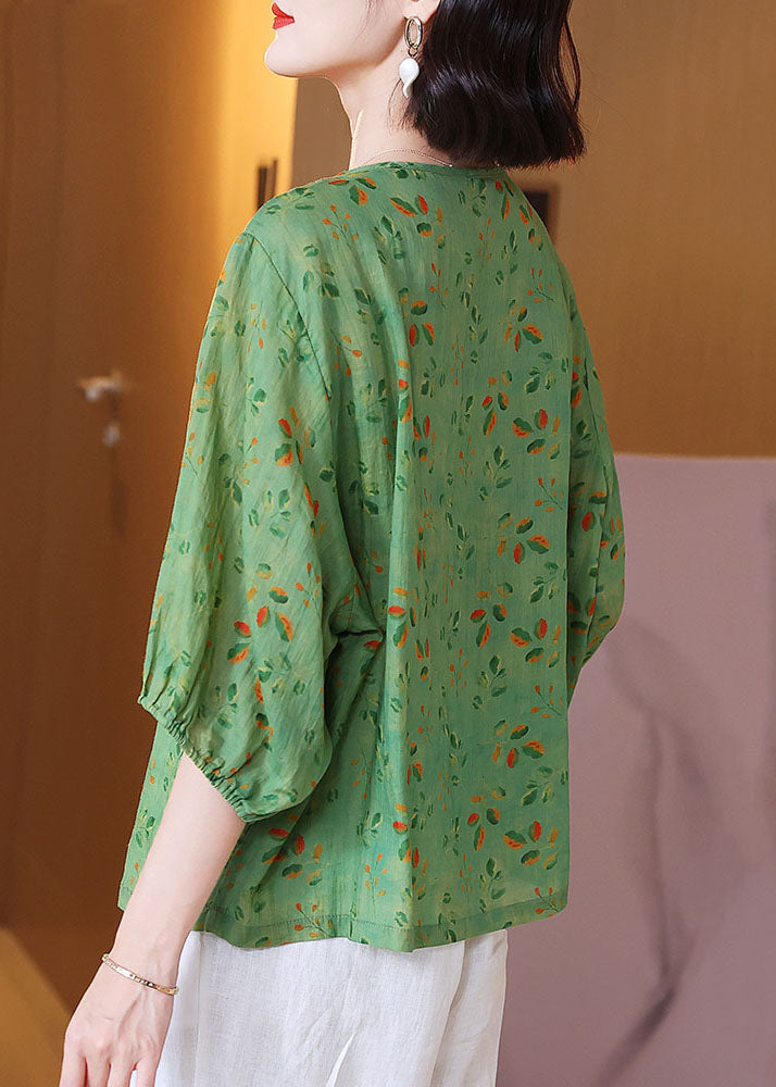 Chic Green O Neck Print Wrinkled Patchwork Linen T Shirt Tops Summer TP1044 - fabuloryshop