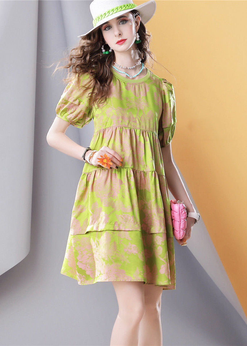 Chic Green O Neck Wrinkled Patchwork Print Silk Dress Summer LC0251 - fabuloryshop