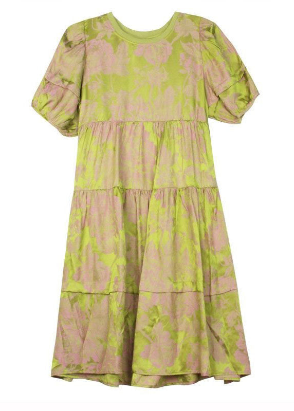 Chic Green O Neck Wrinkled Patchwork Print Silk Dress Summer LC0251 - fabuloryshop