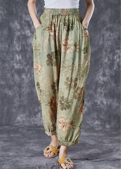 Chic Green Oversized Pockets Print Cotton Harem Pants Summer TD1051 - fabuloryshop