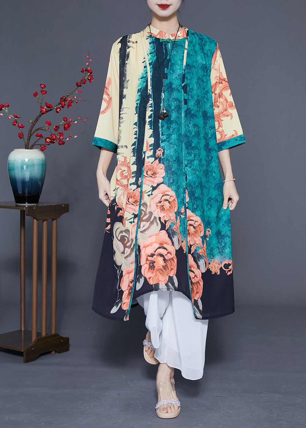 Chic Green Oversized Print Chinese Style Silk Women Sets 2 Pieces Spring LC0423 - fabuloryshop