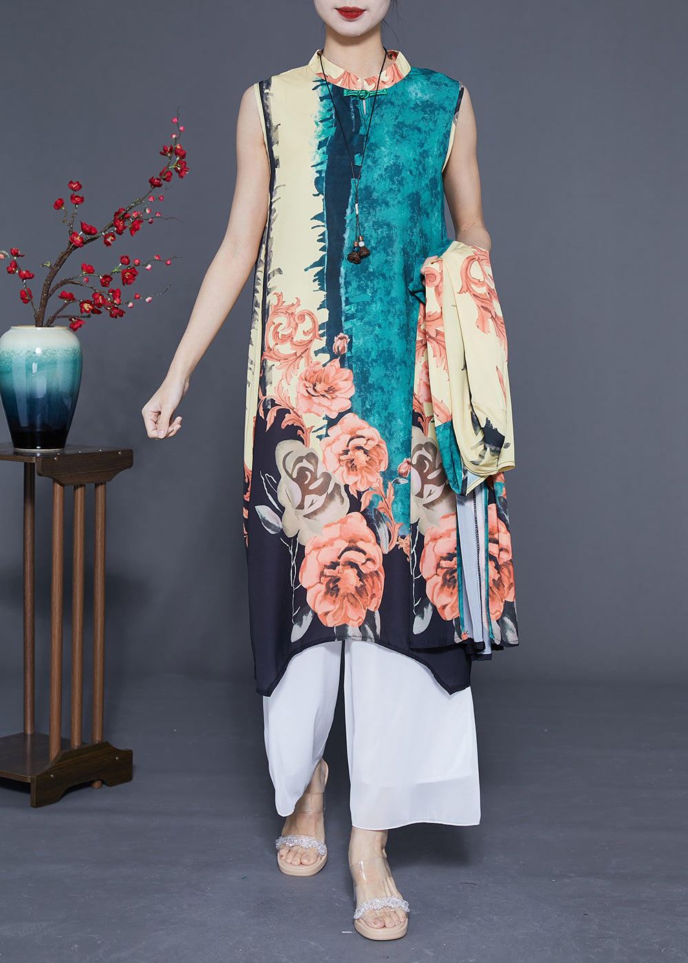 Chic Green Oversized Print Chinese Style Silk Women Sets 2 Pieces Spring LC0423 - fabuloryshop