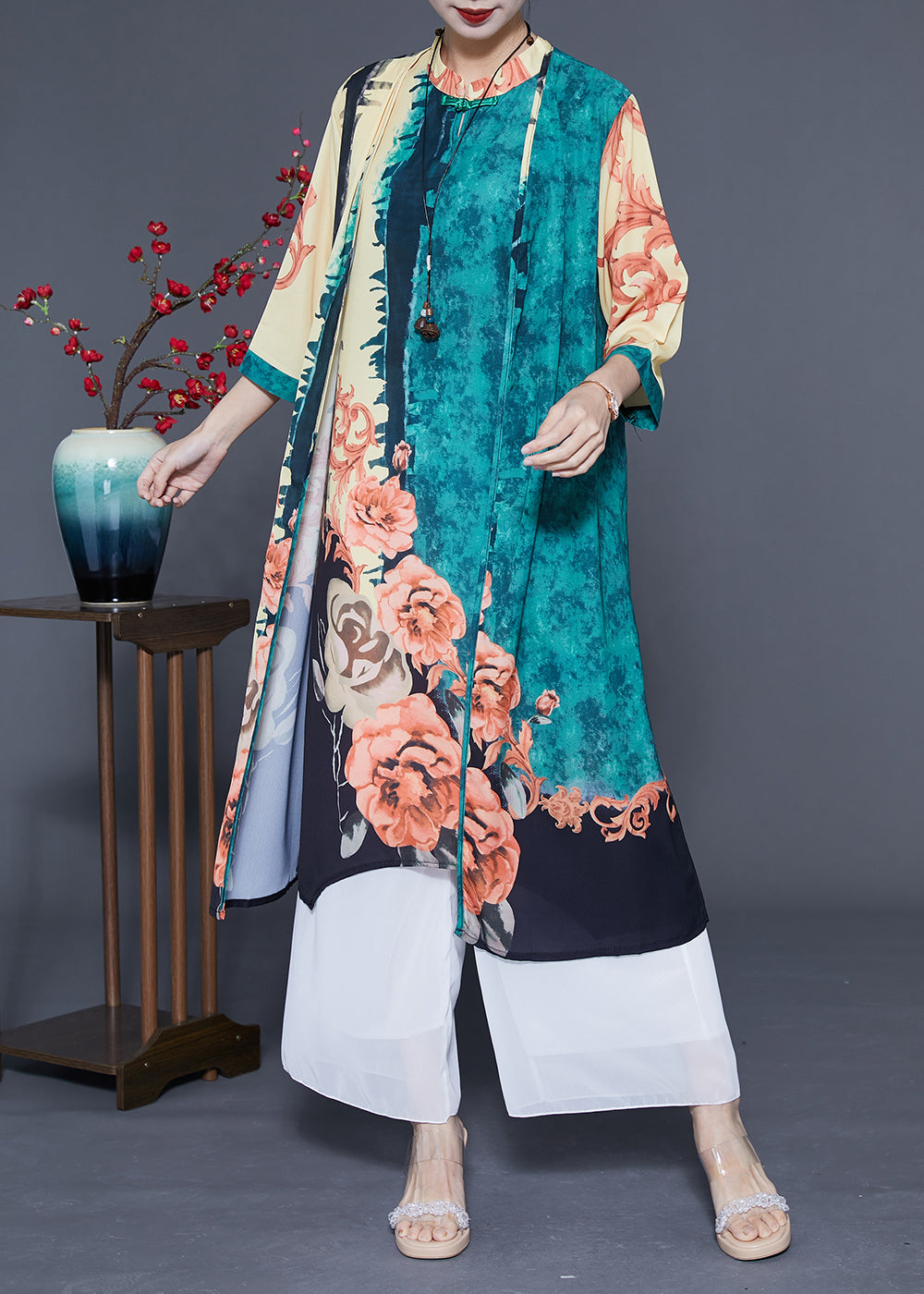Chic Green Oversized Print Chinese Style Silk Women Sets 2 Pieces Spring LY1079 - fabuloryshop