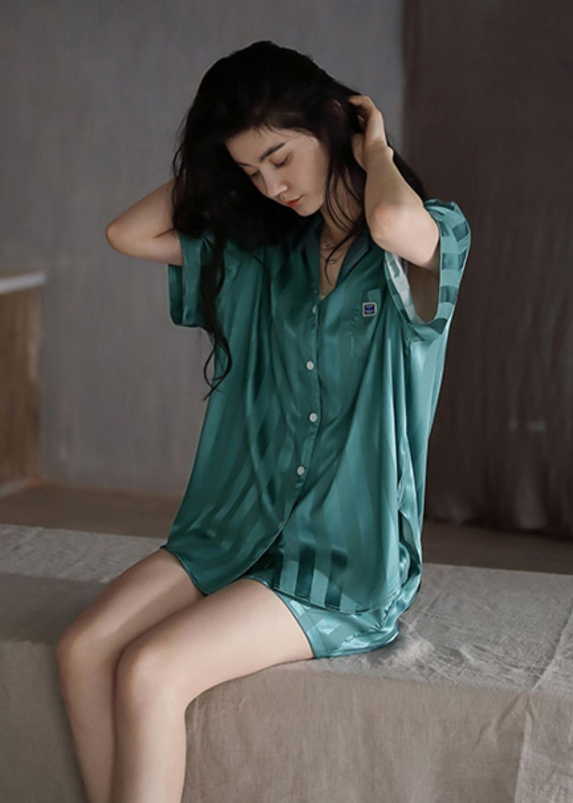 Chic Green Peter Pan Collar Button Ice Silk Pajamas Two Piece Set Short Sleeve LY2840 - fabuloryshop