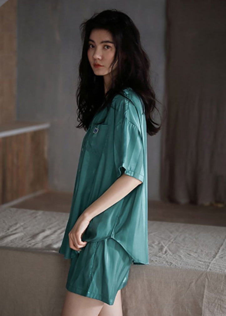 Chic Green Peter Pan Collar Button Ice Silk Pajamas Two Piece Set Short Sleeve LY2840 - fabuloryshop