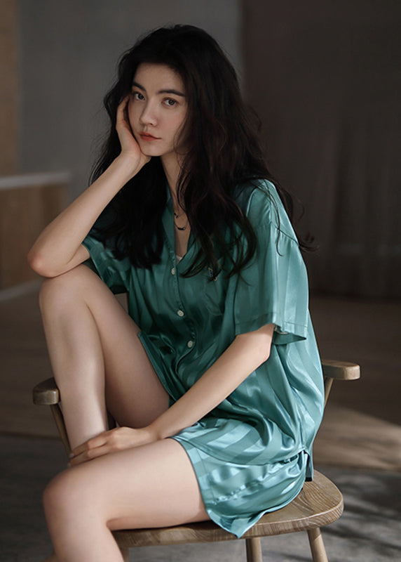 Chic Green Peter Pan Collar Button Ice Silk Pajamas Two Piece Set Short Sleeve LY2840 - fabuloryshop