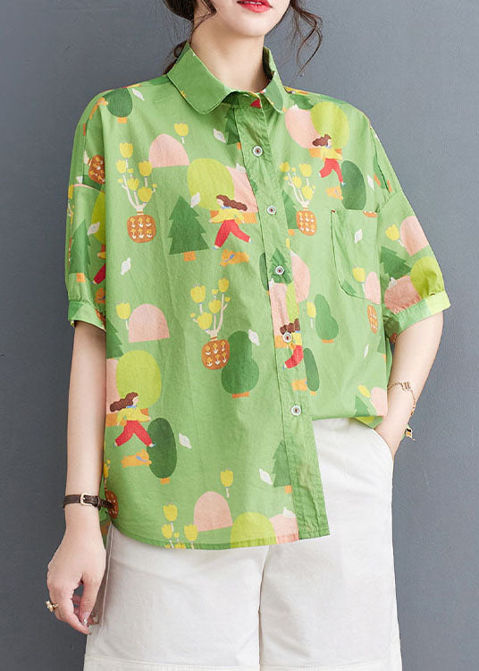 Chic Green Peter Pan Collar Print Patchwork Cotton Shirt Tops Summer LY4983 - fabuloryshop