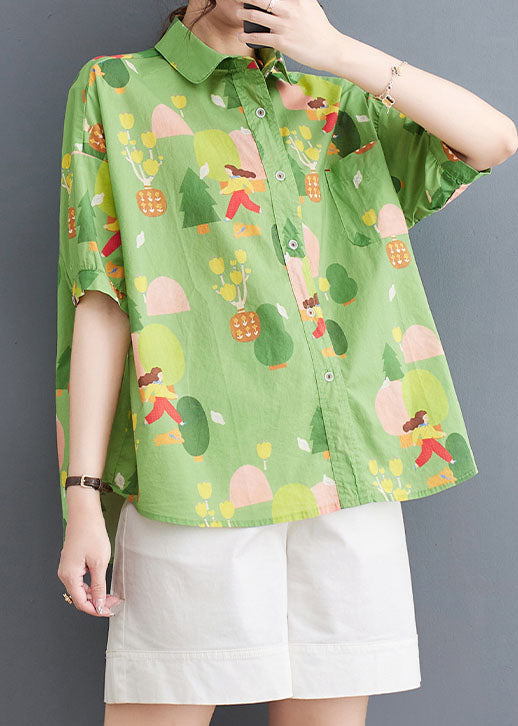 Chic Green Peter Pan Collar Print Patchwork Cotton Shirt Tops Summer LY4983 - fabuloryshop