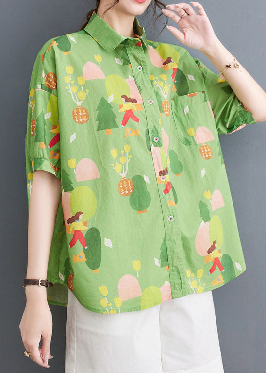 Chic Green Peter Pan Collar Print Patchwork Cotton Shirt Tops Summer LY4983 - fabuloryshop