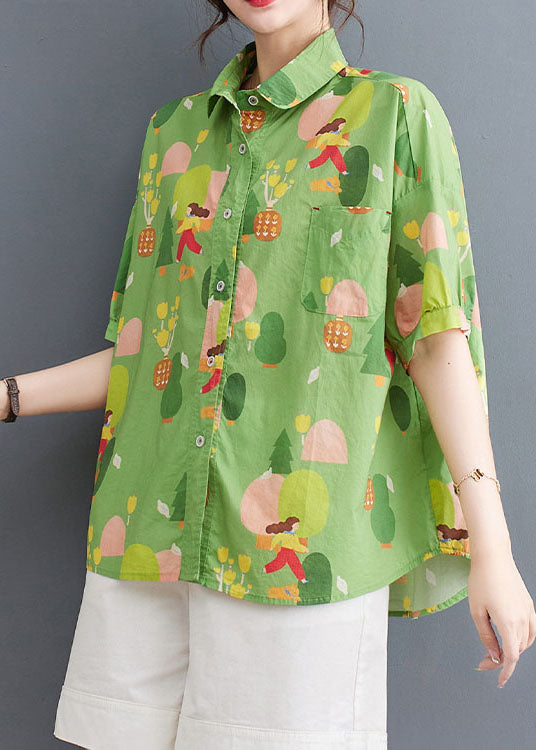 Chic Green Peter Pan Collar Print Patchwork Cotton Shirt Tops Summer LY4983 - fabuloryshop