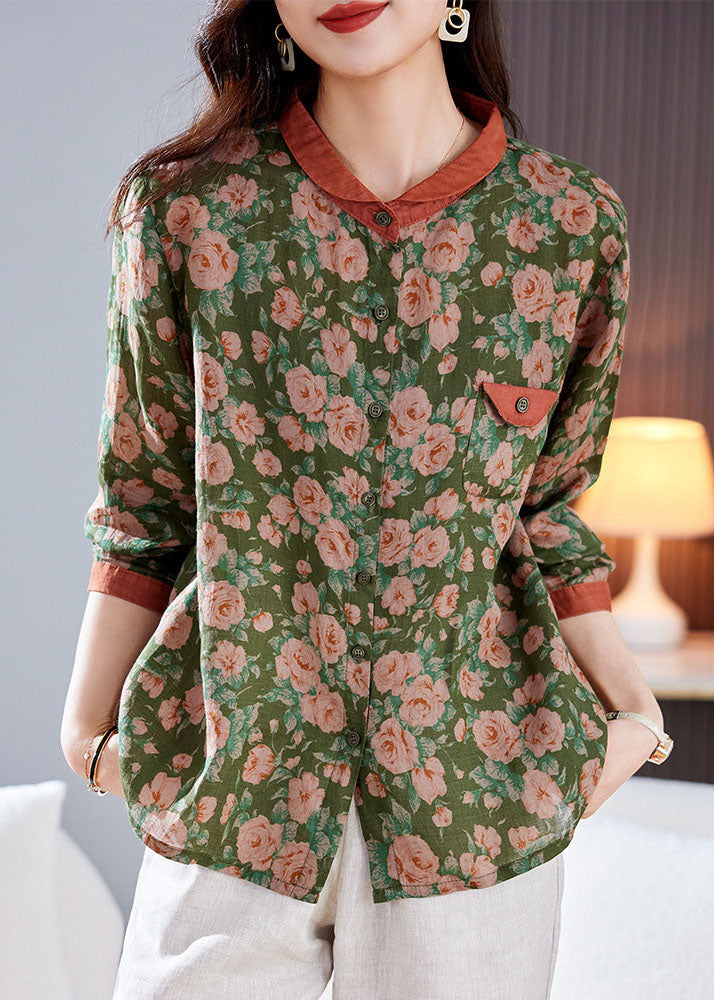 Chic Green Peter Pan Collar Print Patchwork Linen Shirt Top Long Sleeve LY6981 Ada Fashion