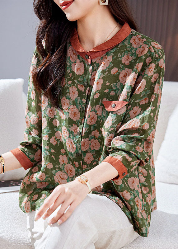 Chic Green Peter Pan Collar Print Patchwork Linen Shirt Top Long Sleeve TP1039 - fabuloryshop