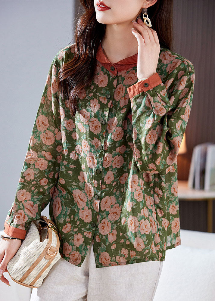 Chic Green Peter Pan Collar Print Patchwork Linen Shirt Top Long Sleeve TP1039 - fabuloryshop