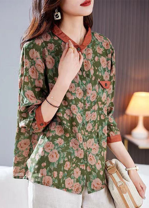 Chic Green Peter Pan Collar Print Patchwork Linen Shirt Top Long Sleeve TP1039 - fabuloryshop