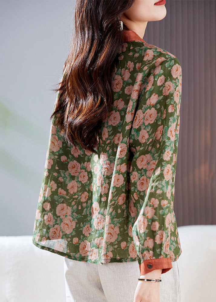 Chic Green Peter Pan Collar Print Patchwork Linen Shirt Top Long Sleeve TP1039 - fabuloryshop