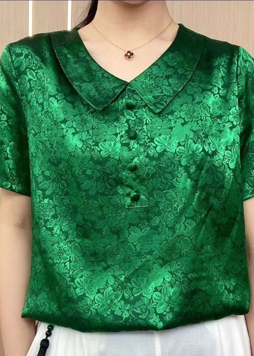 Chic Green Peter Pan Collar Print Patchwork Silk T Shirt Summer TI1032 - fabuloryshop