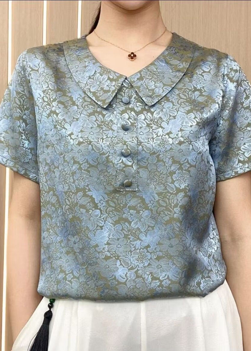 Chic Green Peter Pan Collar Print Patchwork Silk T Shirt Summer LY4450 - fabuloryshop