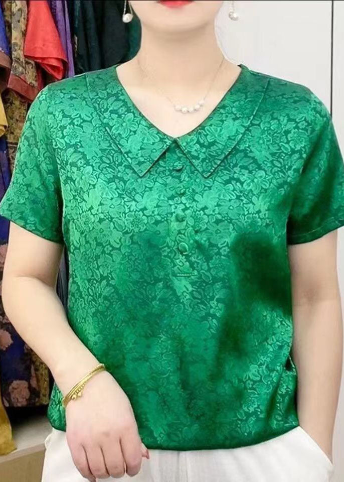 Chic Green Peter Pan Collar Print Patchwork Silk T Shirt Summer TI1032 - fabuloryshop