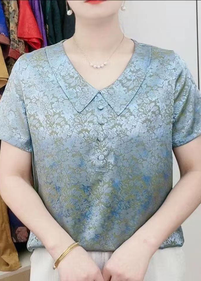 Chic Green Peter Pan Collar Print Patchwork Silk T Shirt Summer TI1032 - fabuloryshop