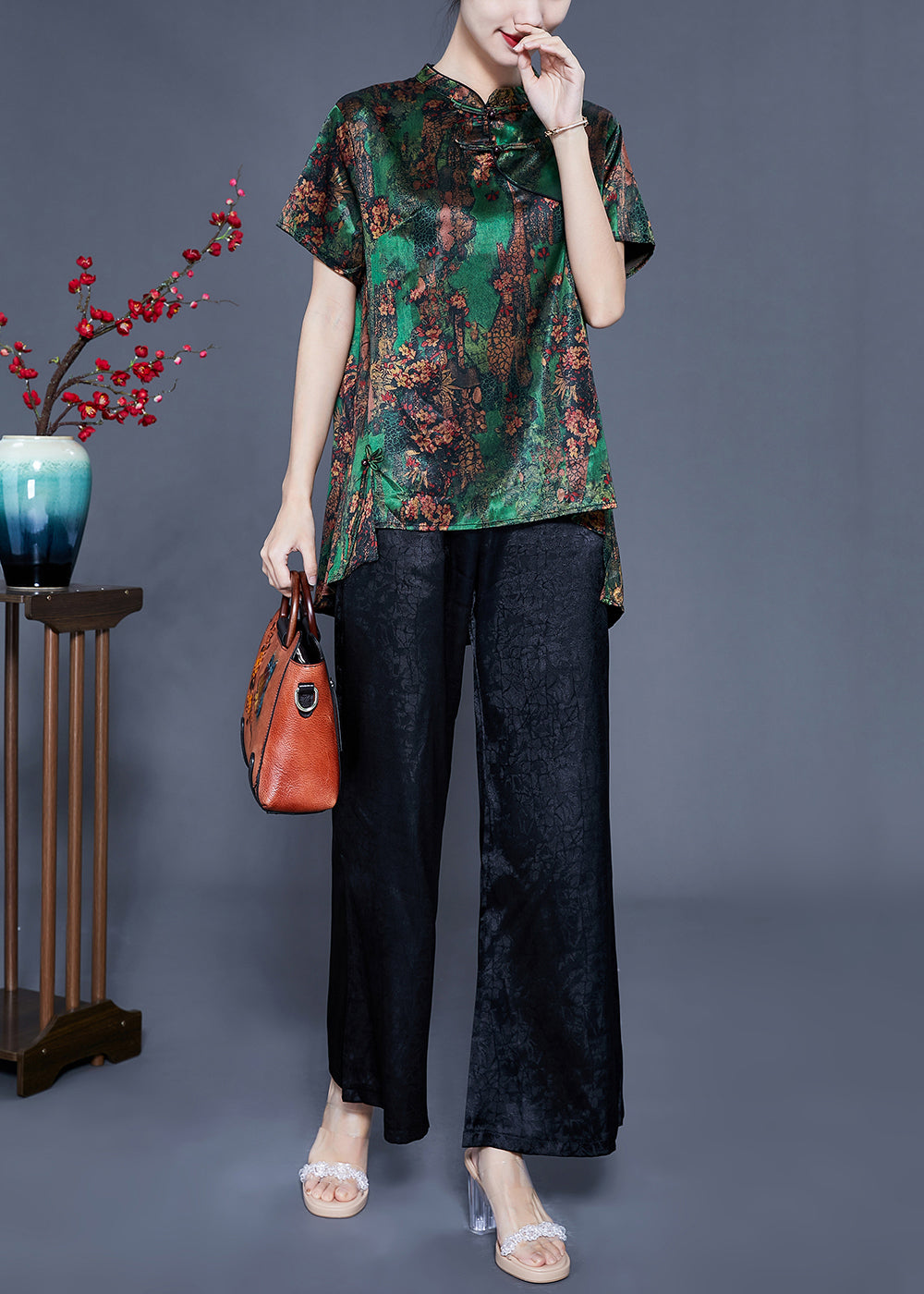 Chic Green Print Asymmetrical Design Silk Oriental Two-Piece Set Summer LY942 - fabuloryshop