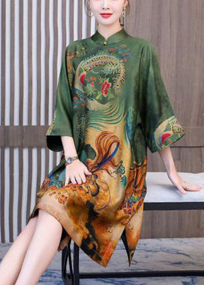 Chic Green Print Chinese Style Silk A Line Dresses Spring LC0241 - fabuloryshop