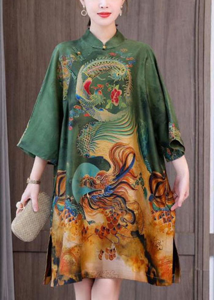 Chic Green Print Chinese Style Silk A Line Dresses Spring LC0241 - fabuloryshop