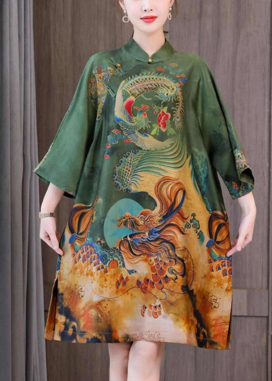 Chic Green Print Chinese Style Silk A Line Dresses Spring LC0241 - fabuloryshop