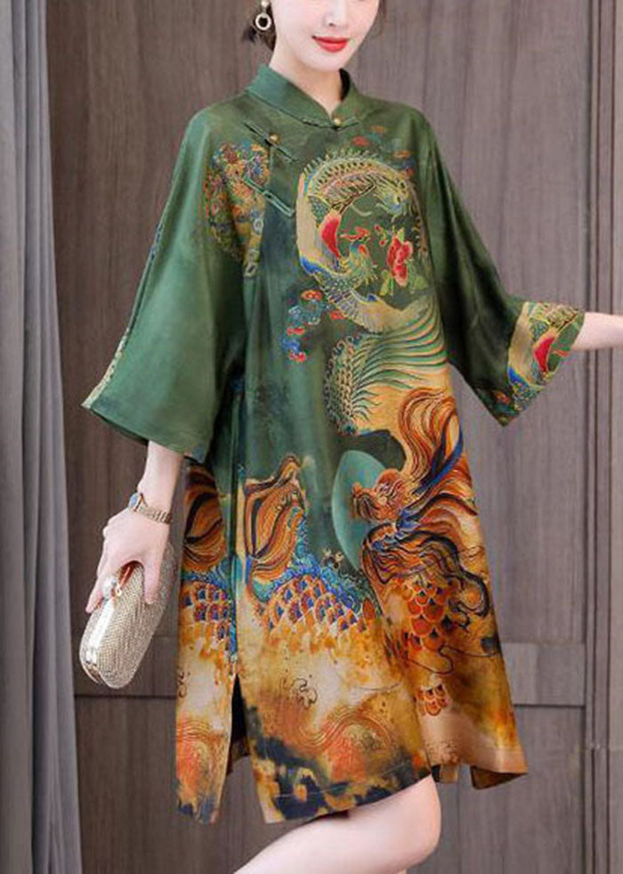 Chic Green Print Chinese Style Silk A Line Dresses Spring LY1727 - fabuloryshop