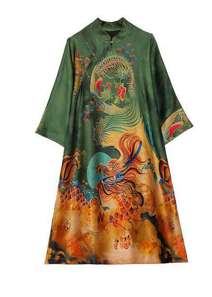 Chic Green Print Chinese Style Silk A Line Dresses Spring LY1727 - fabuloryshop