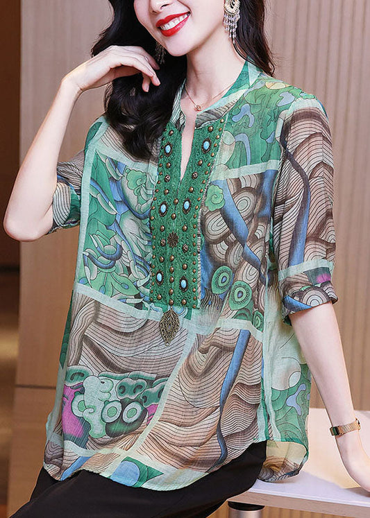 Chic Green Print Nail Bead Patchwork Linen Shirts Bracelet Sleeve Ada Fashion