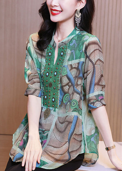 Chic Green Print Nail Bead Patchwork Linen Shirts Bracelet Sleeve Ada Fashion