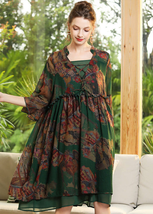 Chic Green Print Ruffled Cross Strap Chiffon Dress Flare Sleeve LY0279 - fabuloryshop