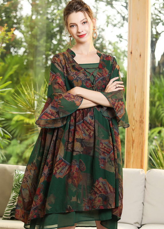 Chic Green Print Ruffled Cross Strap Chiffon Dress Flare Sleeve LY0279 - fabuloryshop