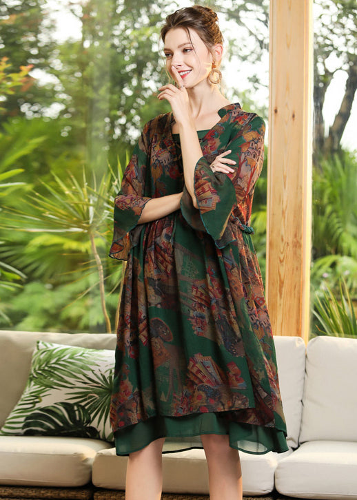 Chic Green Print Ruffled Cross Strap Chiffon Dress Flare Sleeve LY0279 - fabuloryshop