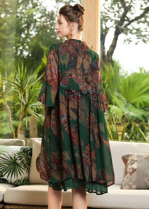 Chic Green Print Ruffled Cross Strap Chiffon Dress Flare Sleeve LY0279 - fabuloryshop