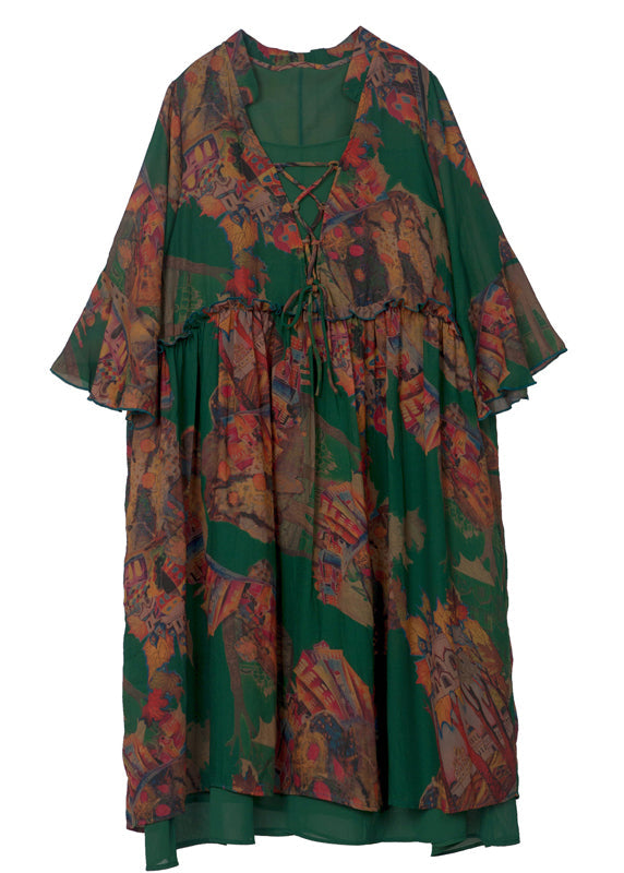 Chic Green Print Ruffled Cross Strap Chiffon Dress Flare Sleeve LY0279 - fabuloryshop