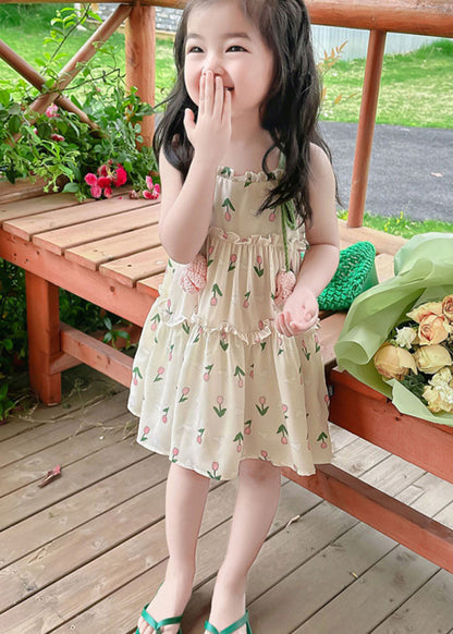 Chic Green Print Ruffled Patchwork Cotton Baby Girls Sundress Sleeveless Ada Fashion