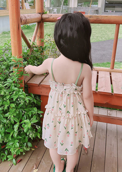 Chic Green Print Ruffled Patchwork Cotton Baby Girls Sundress Sleeveless Ada Fashion